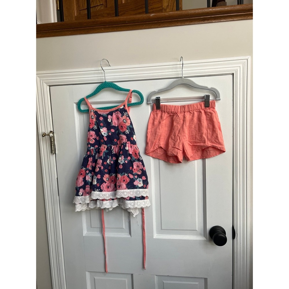 Checky Plum floral linen set girls size 7 nwot